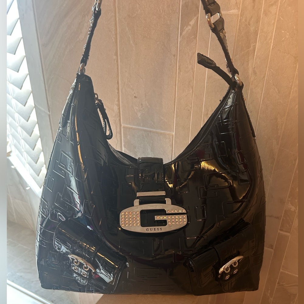 GUESS Vintage Black Patent Shoulder Hobo with Silver-Tone Buckle